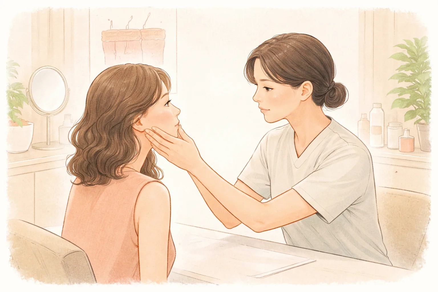 醫療人員用手查看回診女性臉頰