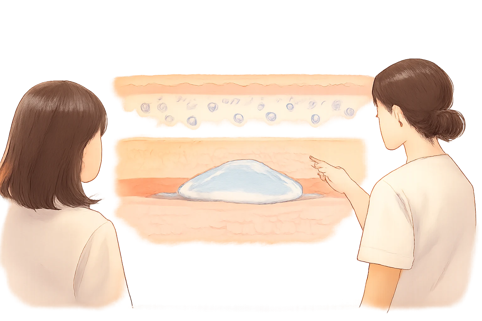 Two women beside a skin cross-section showing gel clumps and gel droplets