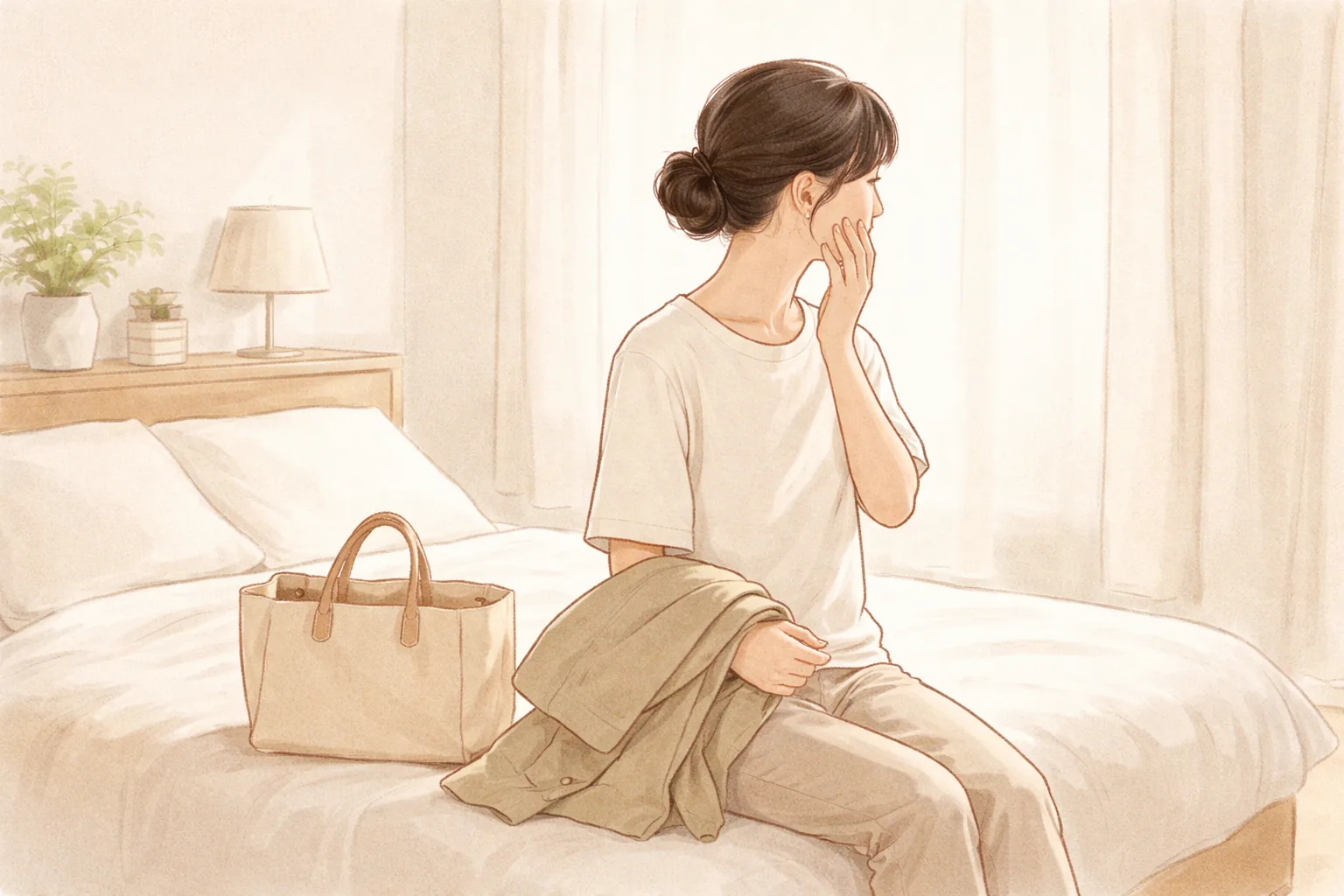 Woman seated at the edge of a bed touching her cheek, with a bag and bedding nearby