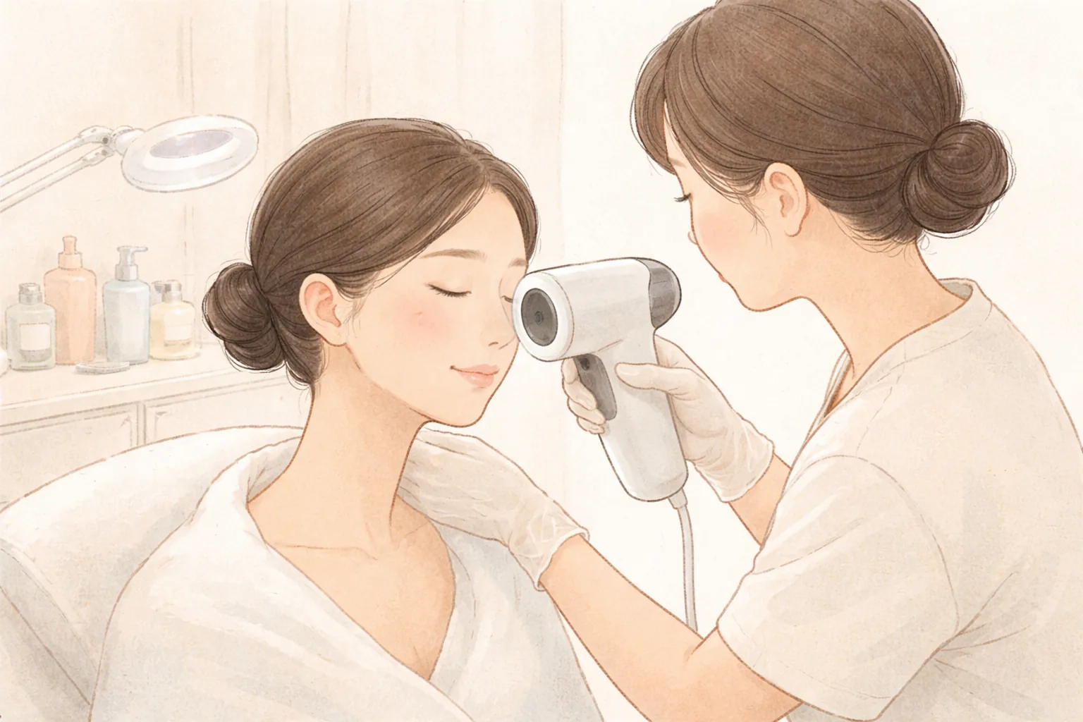 医療スタッフが肌分析カメラを女性の頬の近くに当てている