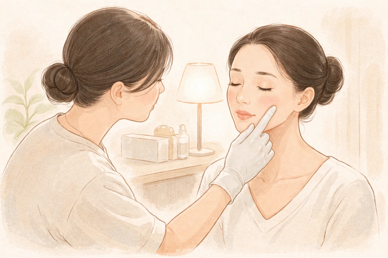 柔和燈光下醫療人員以手指查看女性臉頰