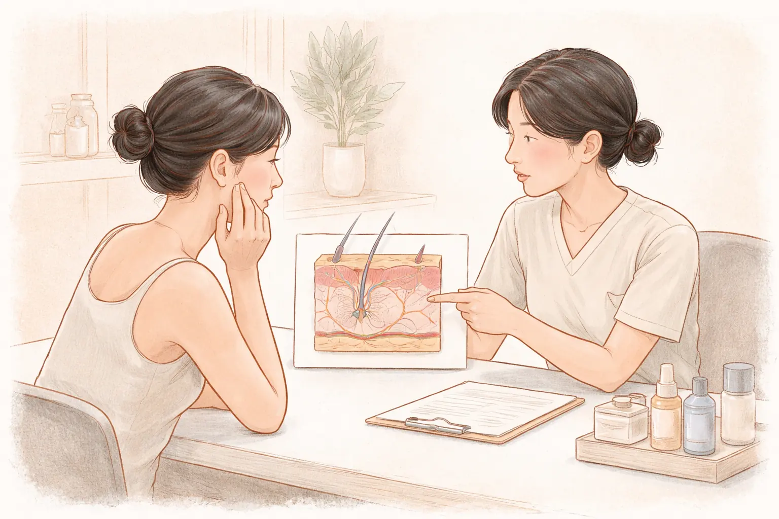 醫療人員指著皮膚剖面模型向女性說明的畫面