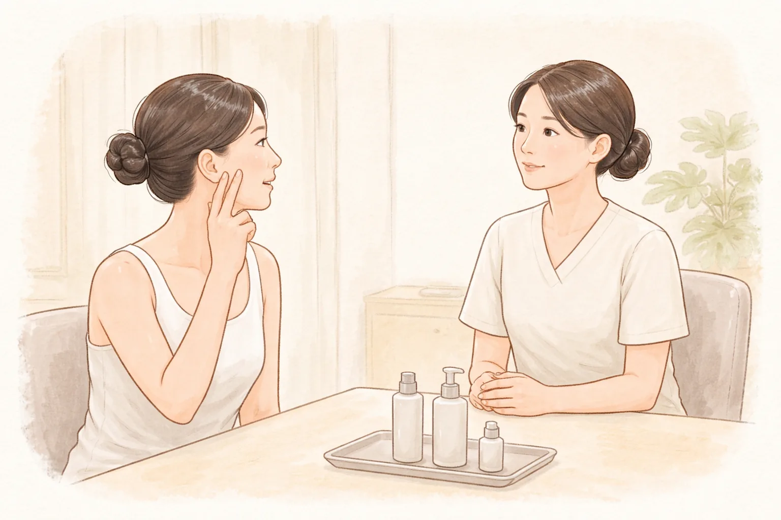Woman in a consultation pointing at her cheek while a clinician listens