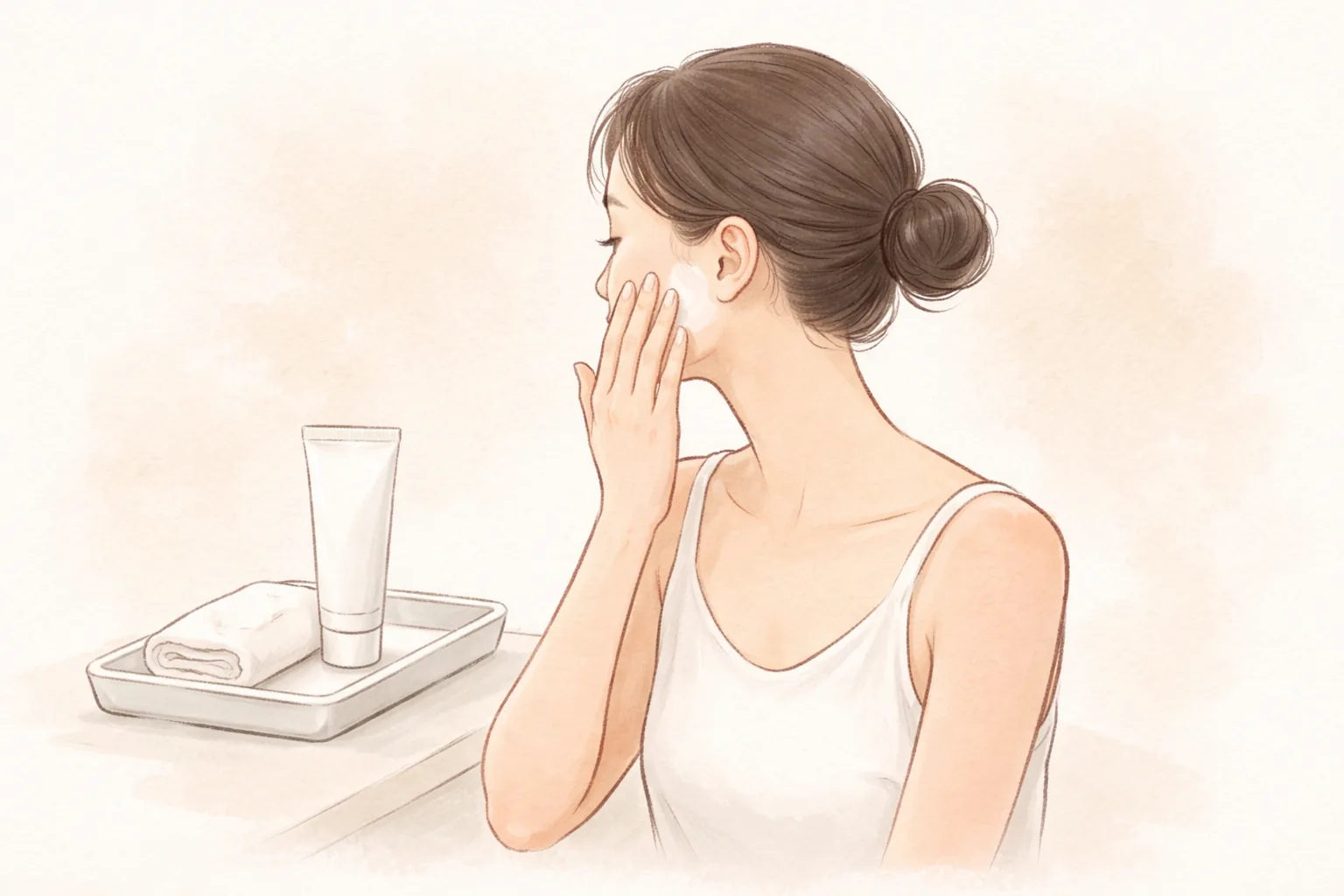 Woman applying moisturizer to her cheek with two fingers, with a towel and moisturizer container beside her