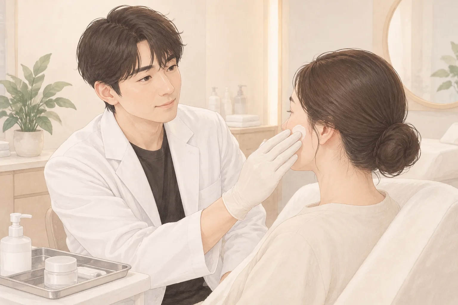 男子戴着手套为女性面颊涂抹保湿霜
