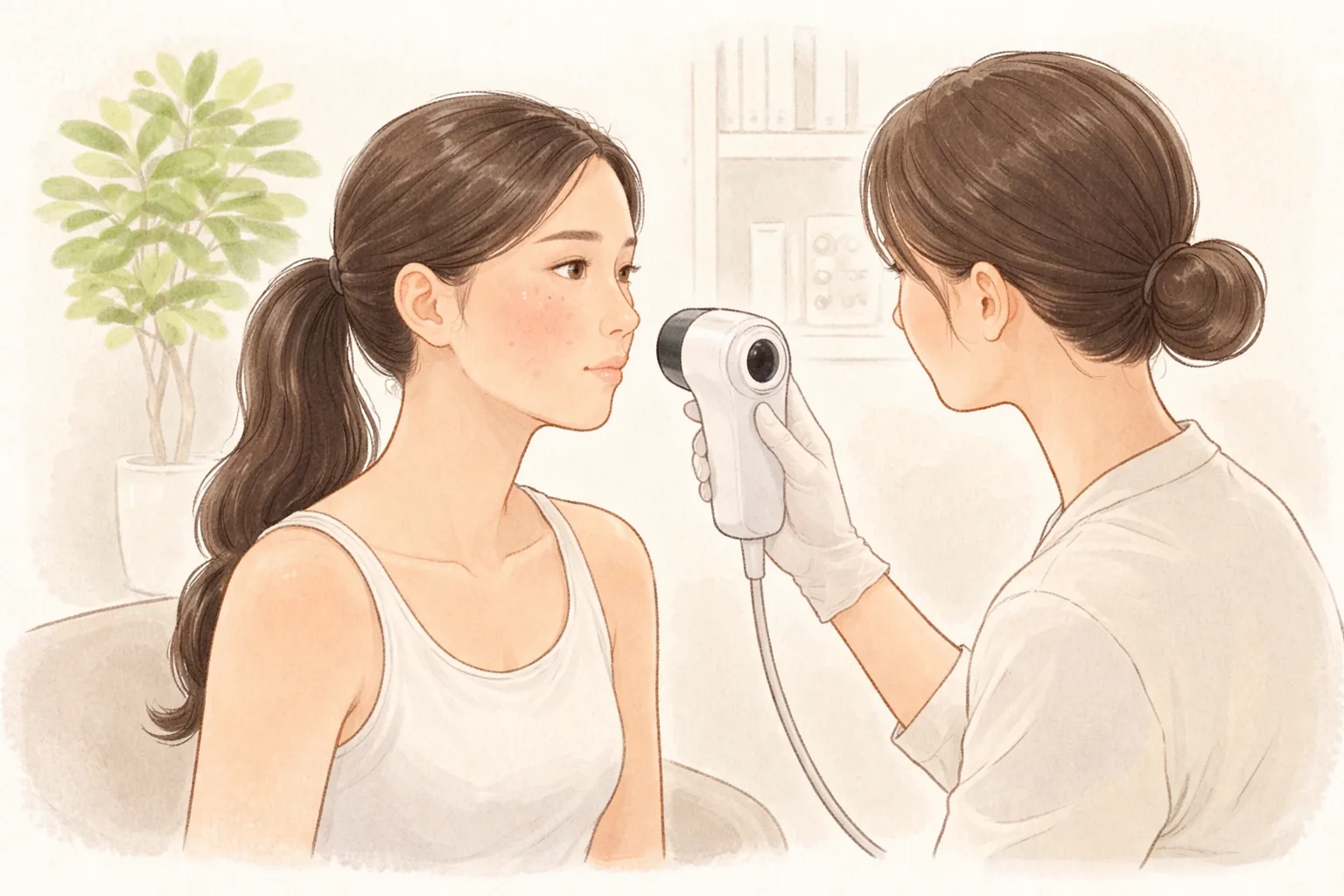 피부 분석 카메라로 여성 환자의 볼을 검사하는 의료진
