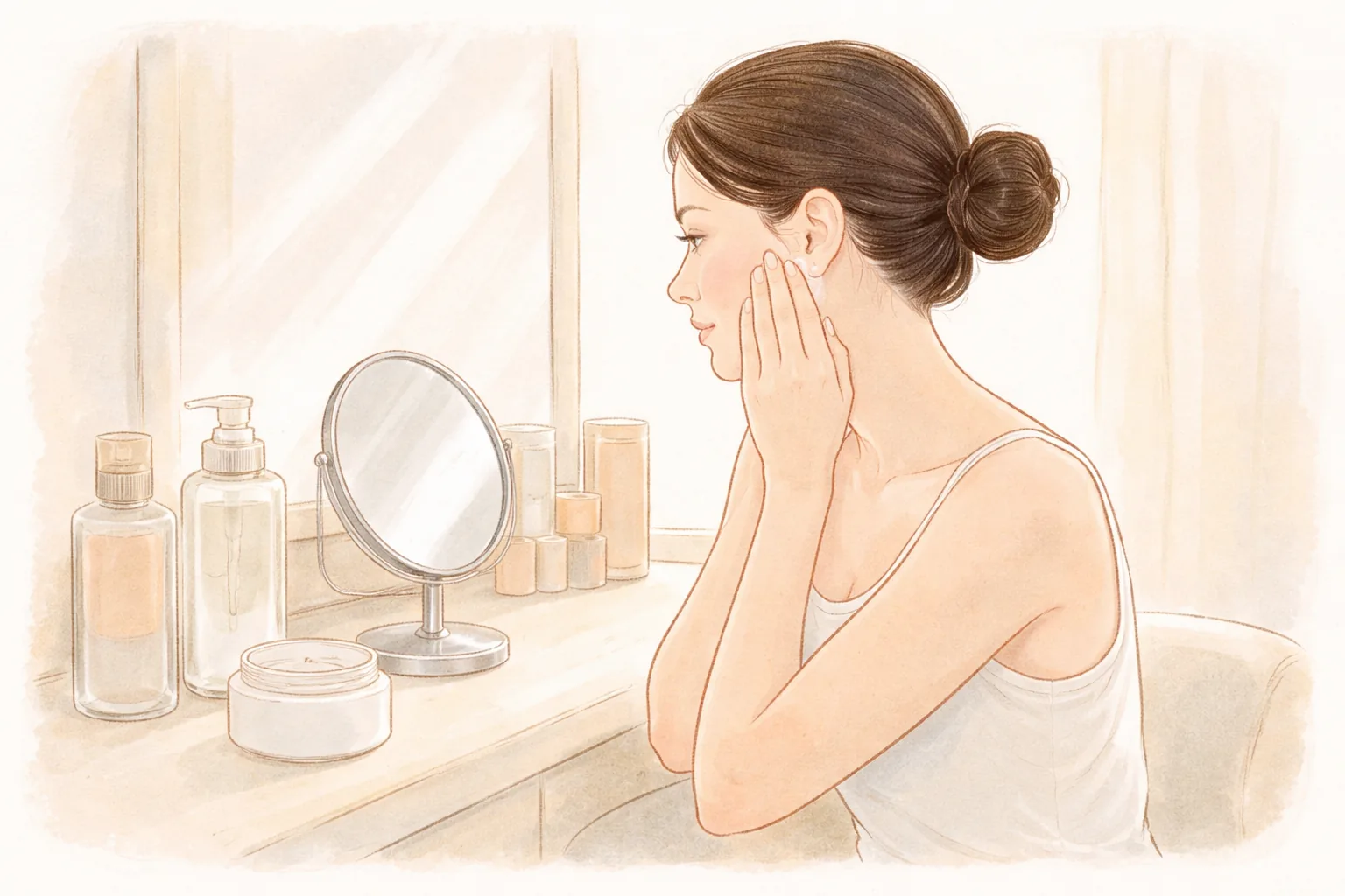 Woman applying moisturizer to her cheek while looking in a mirror at a vanity