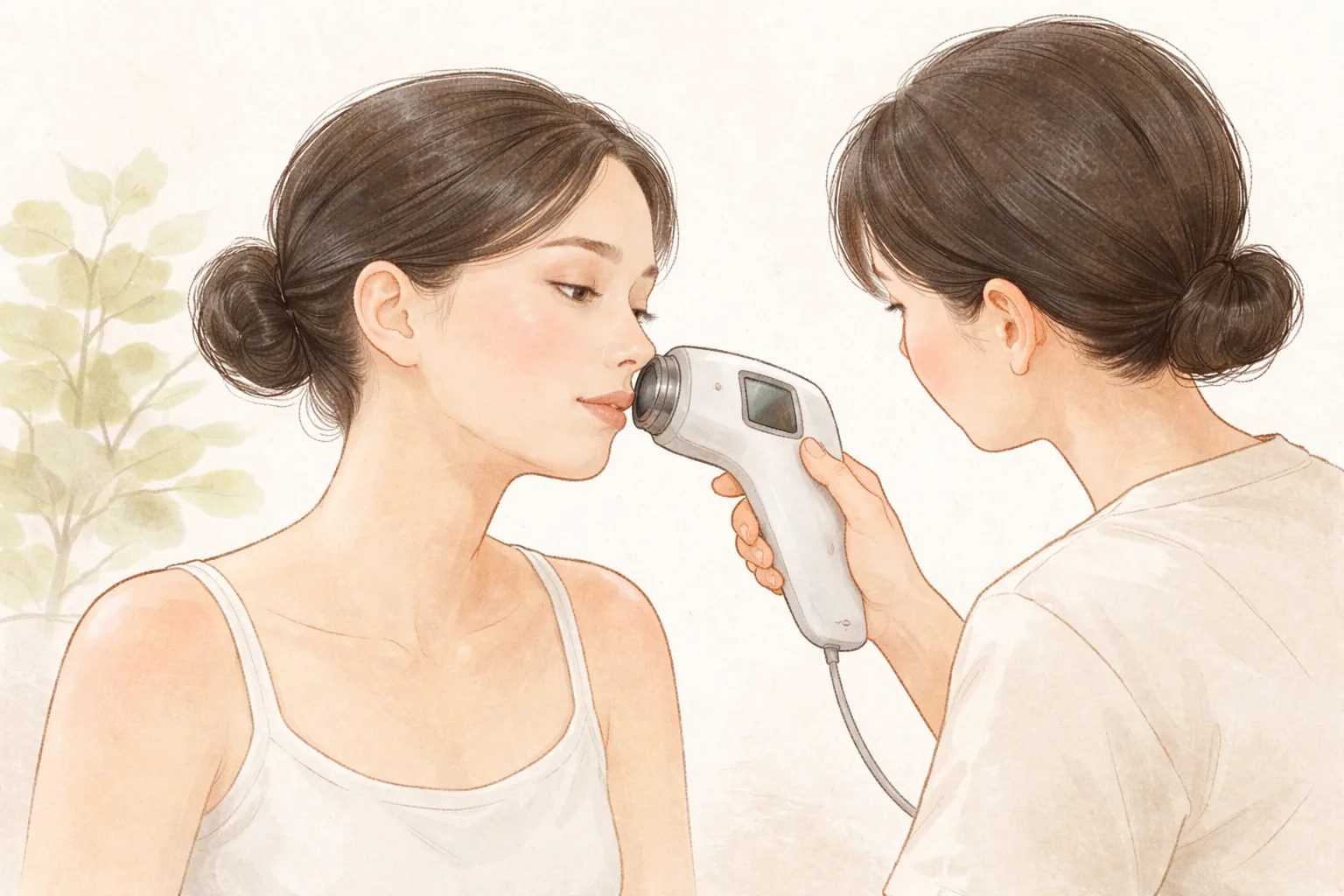 피부 분석 기기로 여성의 볼을 촬영하는 의료진과 여성