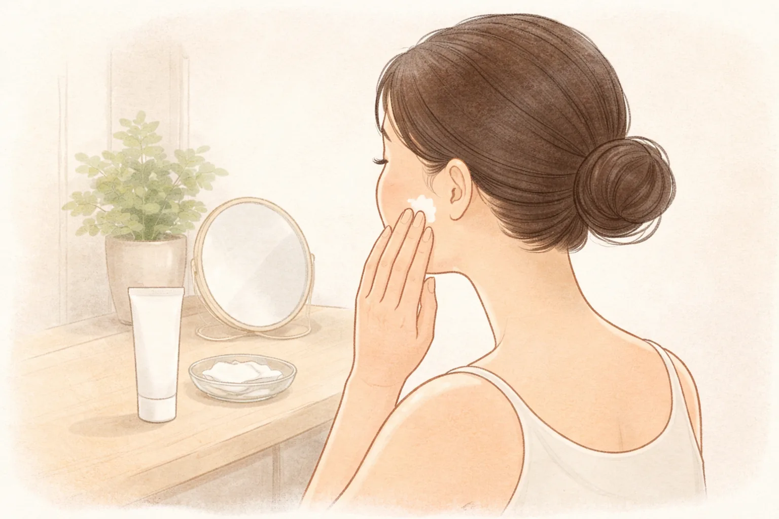 女性が指先で頬に保湿剤を塗っている