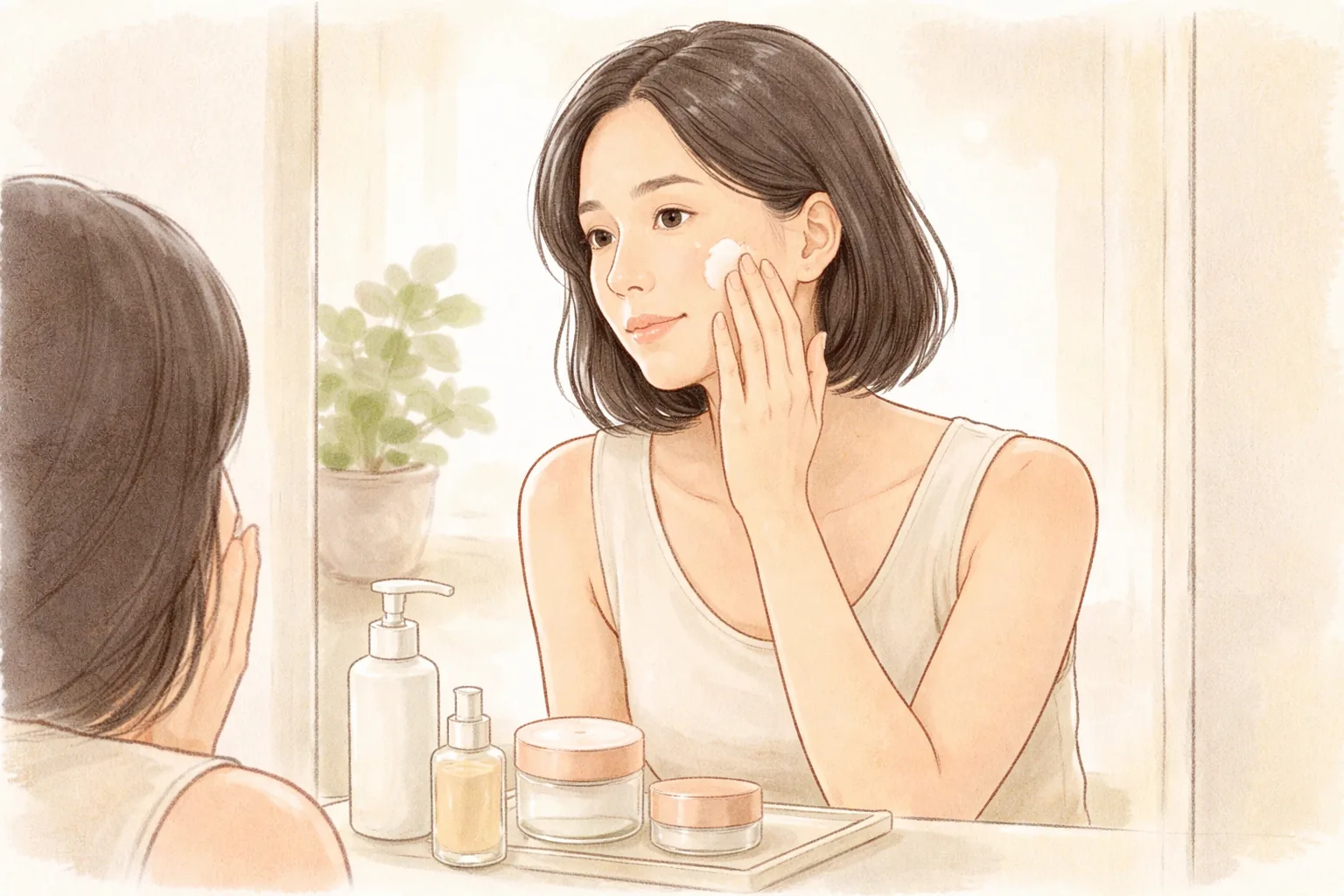 一名女性在鏡子前將乳霜塗在臉頰上