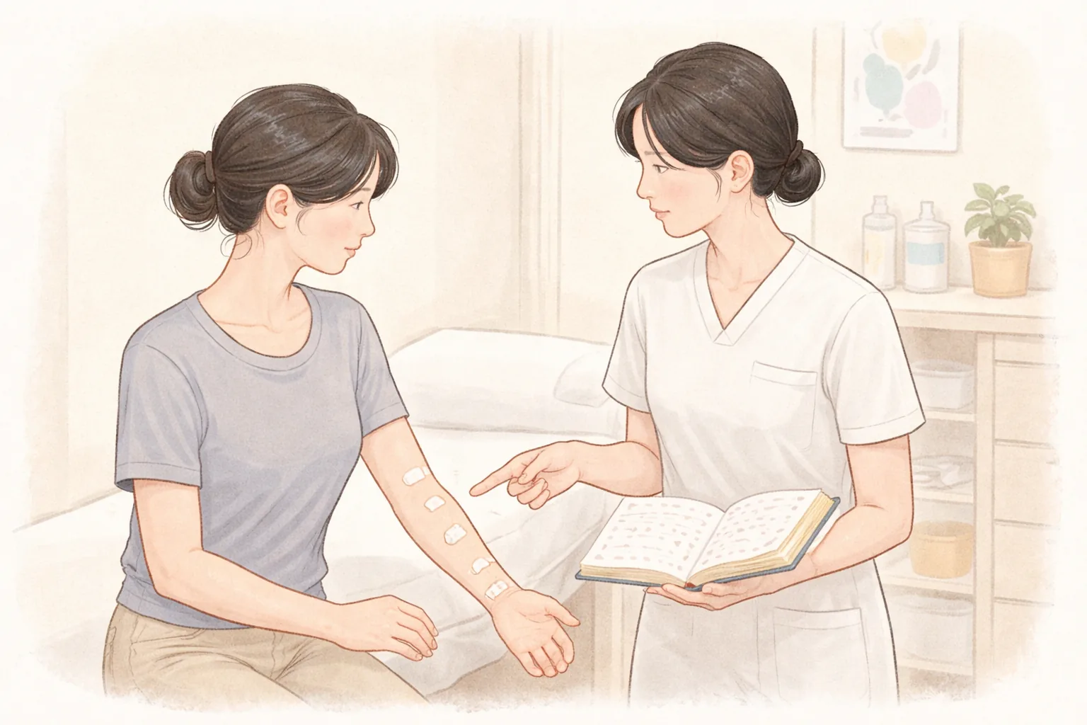 의료진이 여성 환자 팔에 붙은 여러 작은 반창고를 가리키며 설명하는 모습