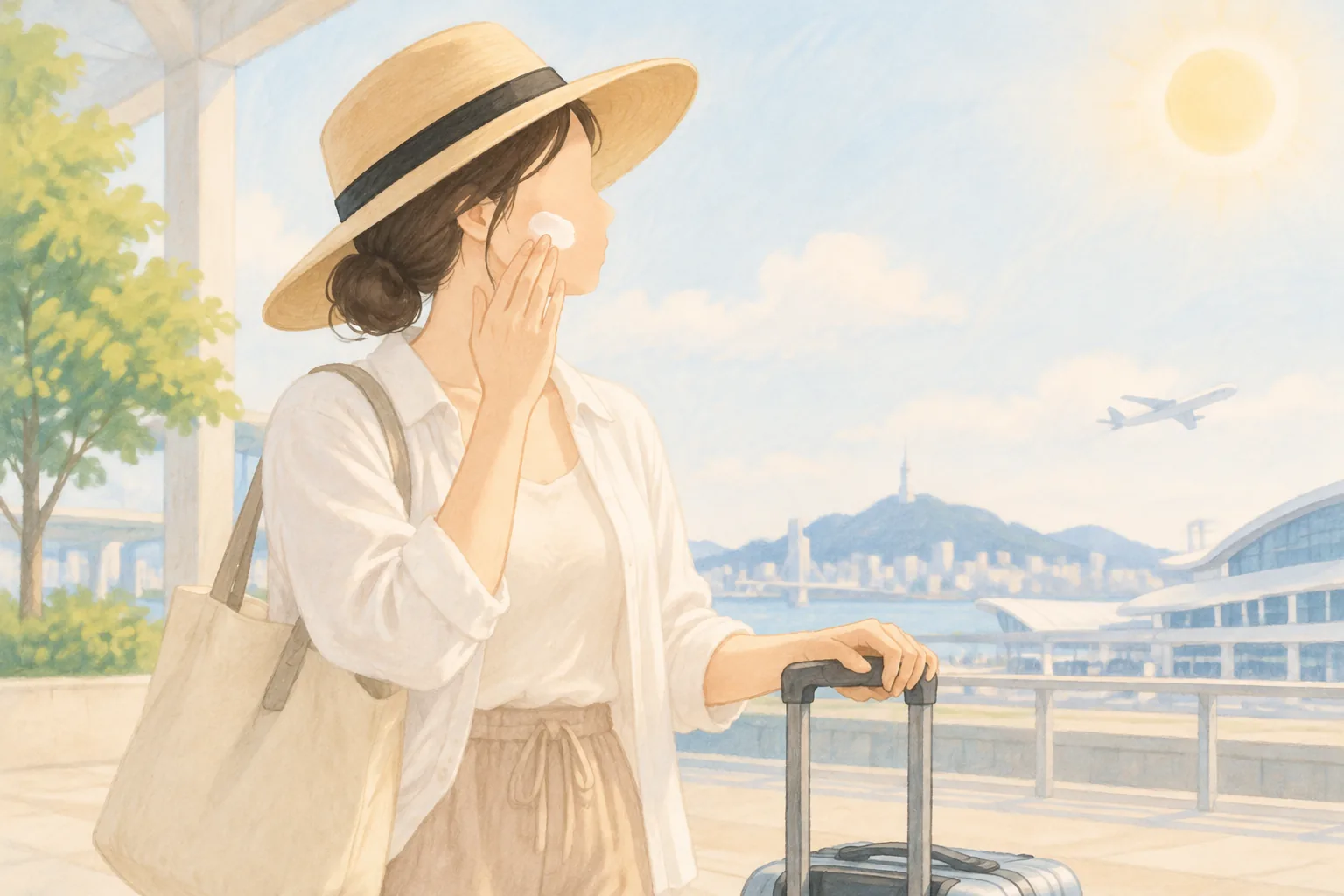 모자를 쓴 여성이 여행 가방 옆에 서서 볼에 자외선 차단제를 바르고 있음