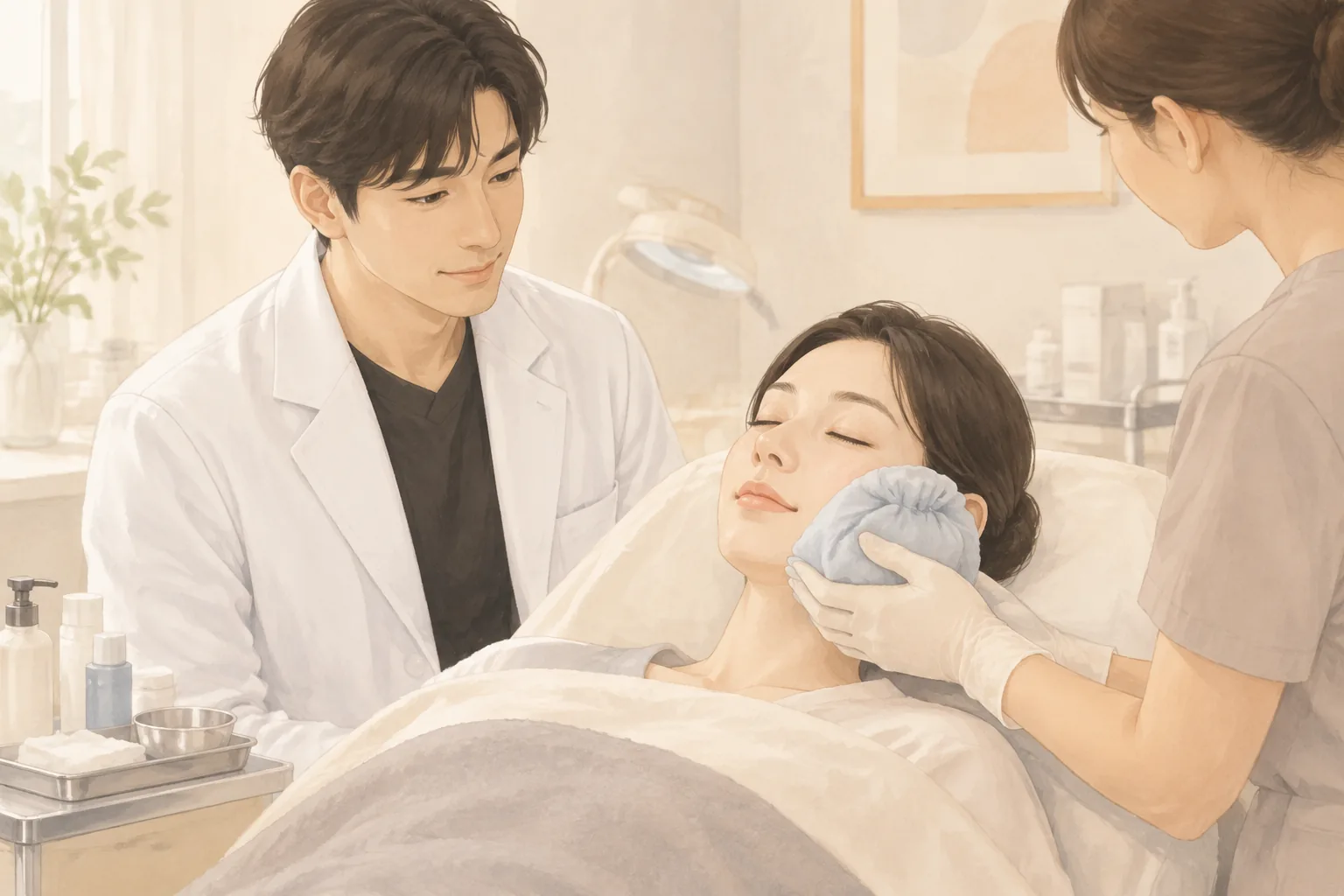 两名医护人员为闭眼躺着的女性患者脸上敷冷敷包