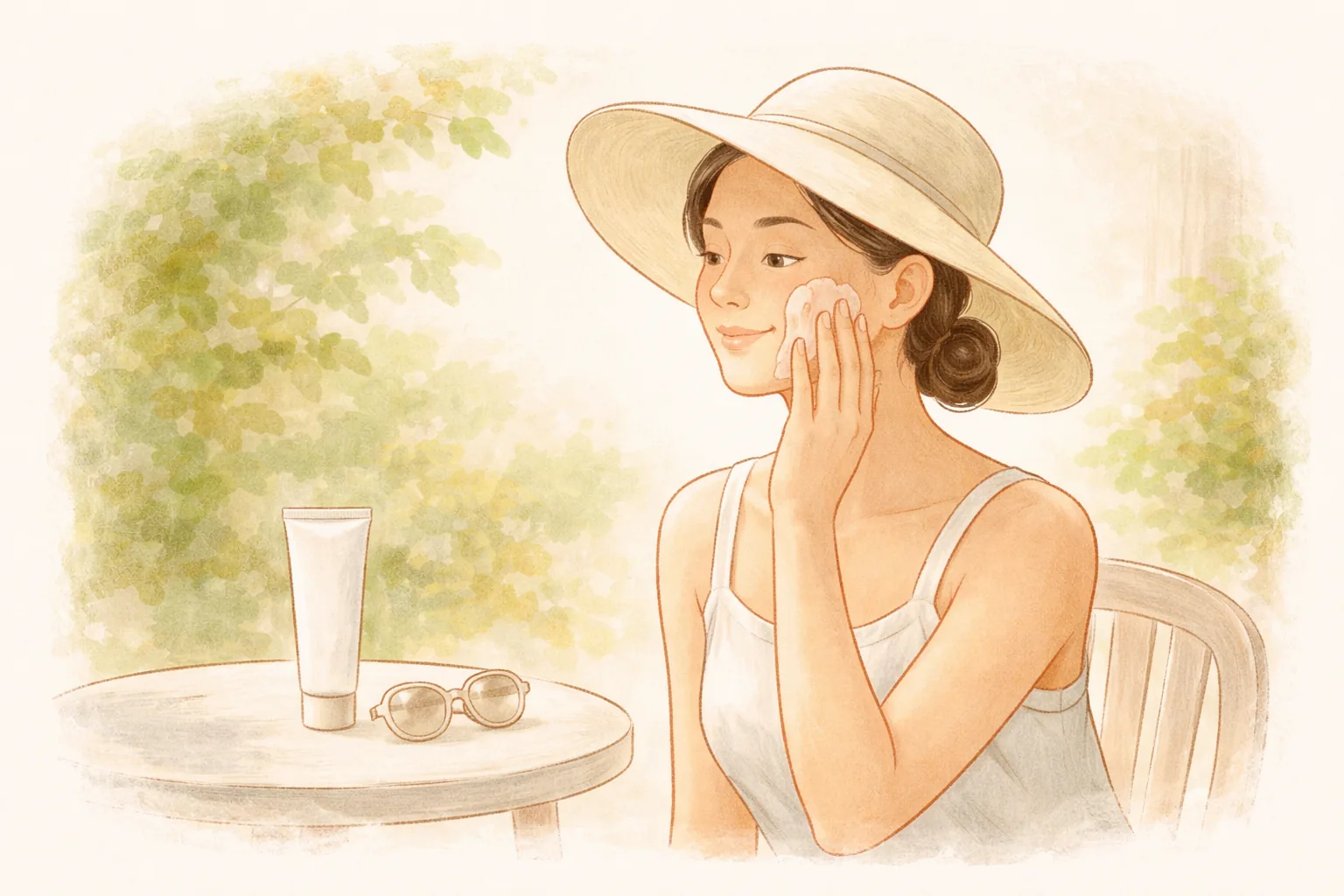 つばの広い帽子をかぶった女性が屋外で頬に化粧品を塗っている