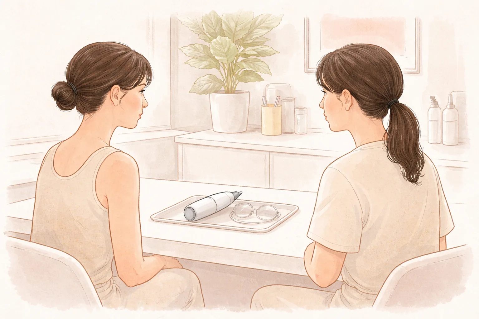 カウンセリング室で向かい合って話す2人の女性と、テーブル上の高周波機器と透明な眼球保護具