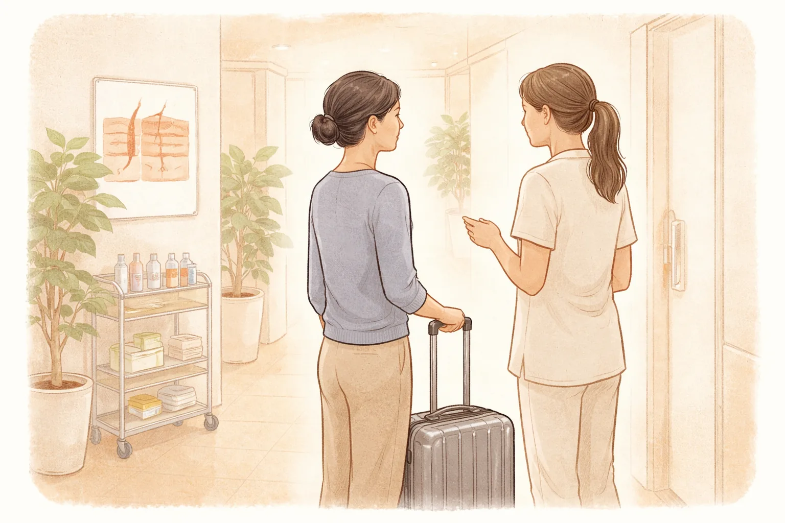 Woman with a rolling suitcase talking with a clinician indoors