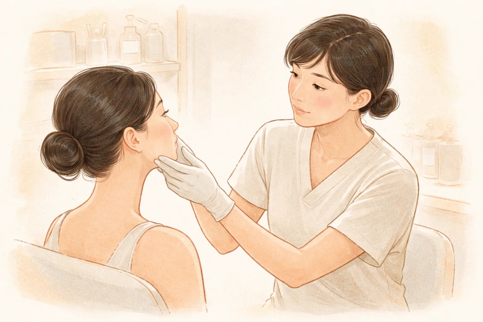 醫護人員戴手套的手輕輕托起女性下巴查看
