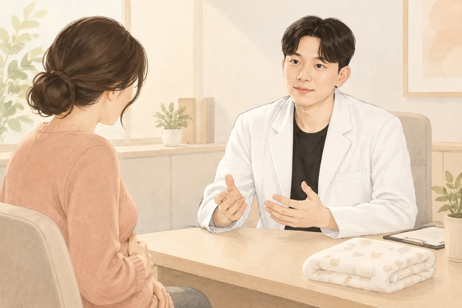 廊下でお腹に手を当てた女性患者とカウンセリングする男性医師