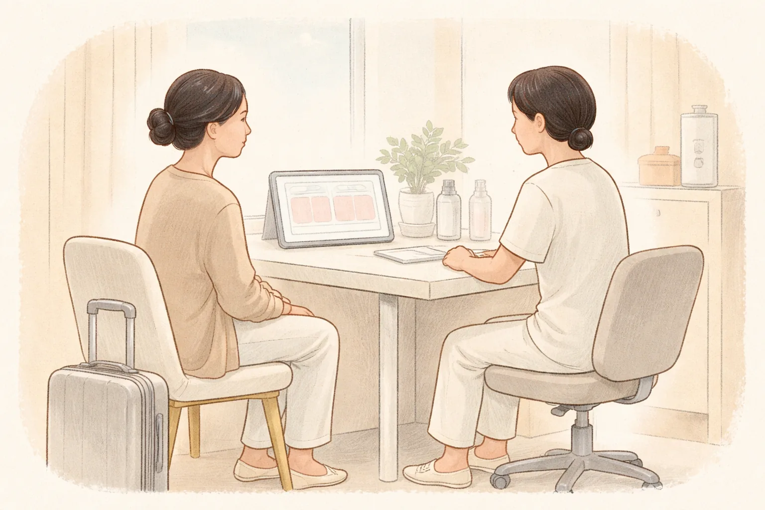 Dos mujeres consultando en un escritorio junto a una maleta de viaje