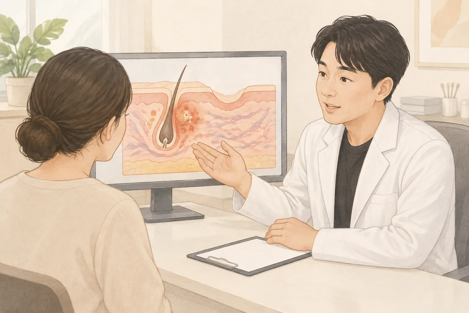 환자가 피부 단면 화면을 보며 의사가 설명하는 장면