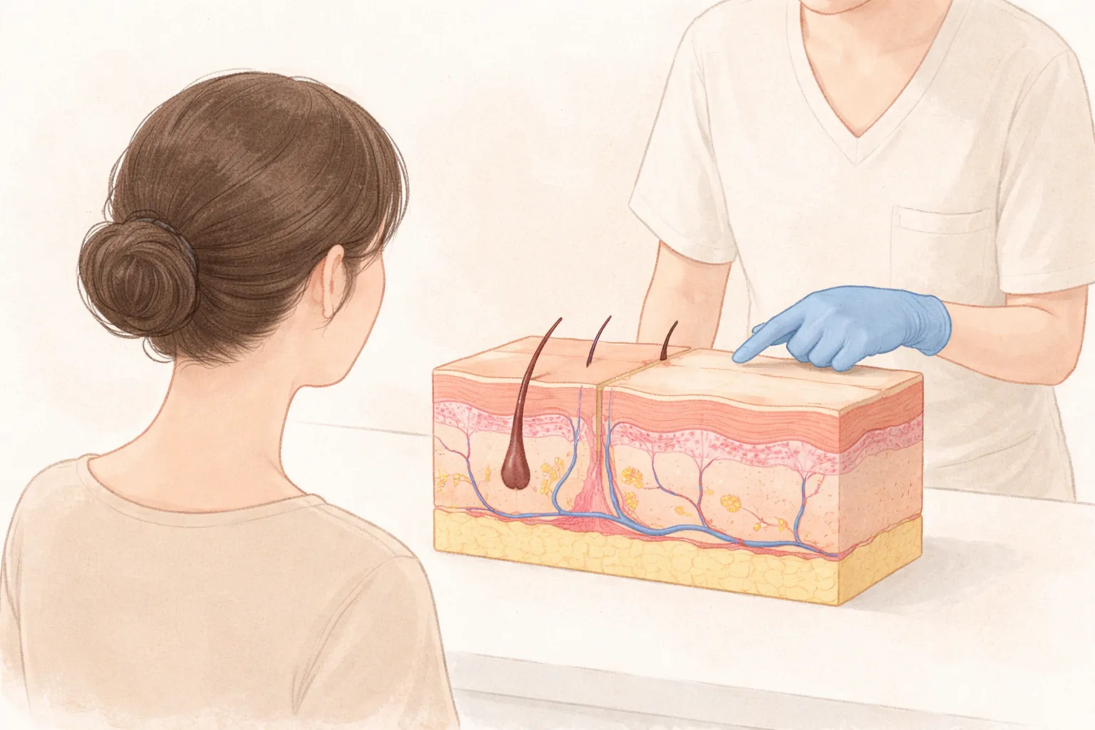 A clinician in gloves pointing at the layers of a cross-section facial skin model in front of a seated woman