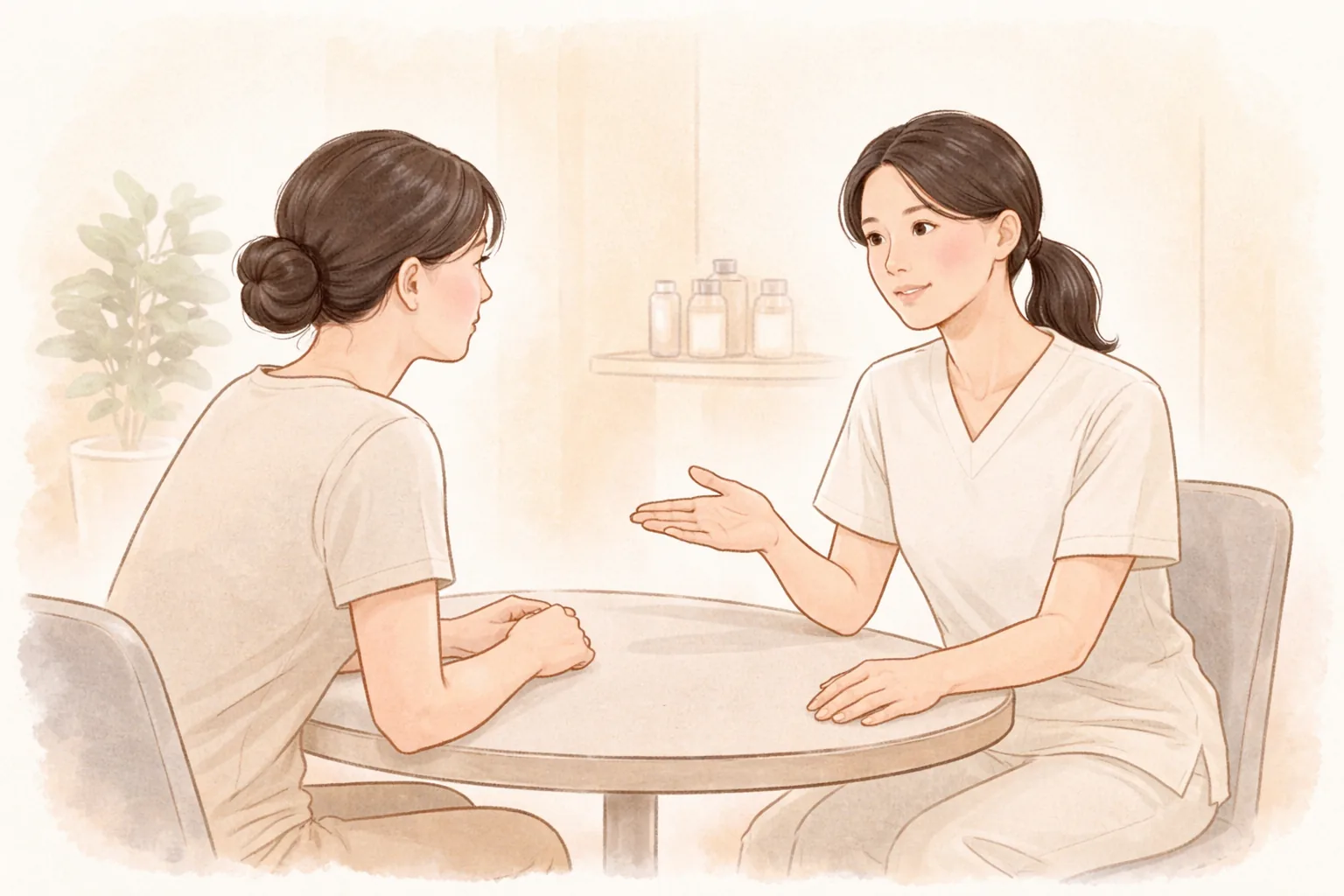 テーブルを挟んで向かい合って話す2人