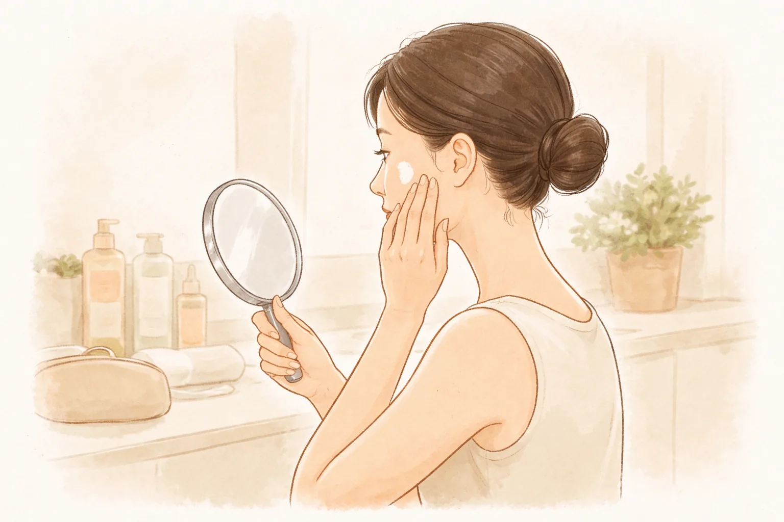 Woman applying cream to her cheek while holding a hand mirror