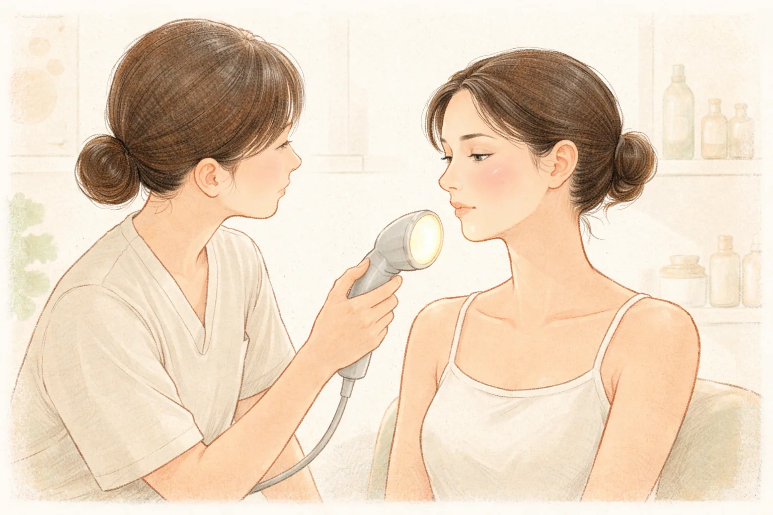 医护人员用发光的仪器查看女性面部