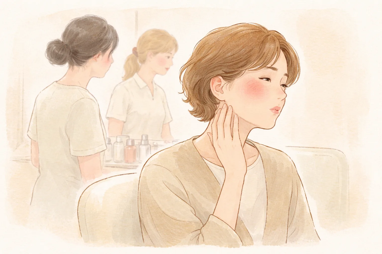 雙頰泛紅的女子托著下巴坐著,兩位女性站著看向別處