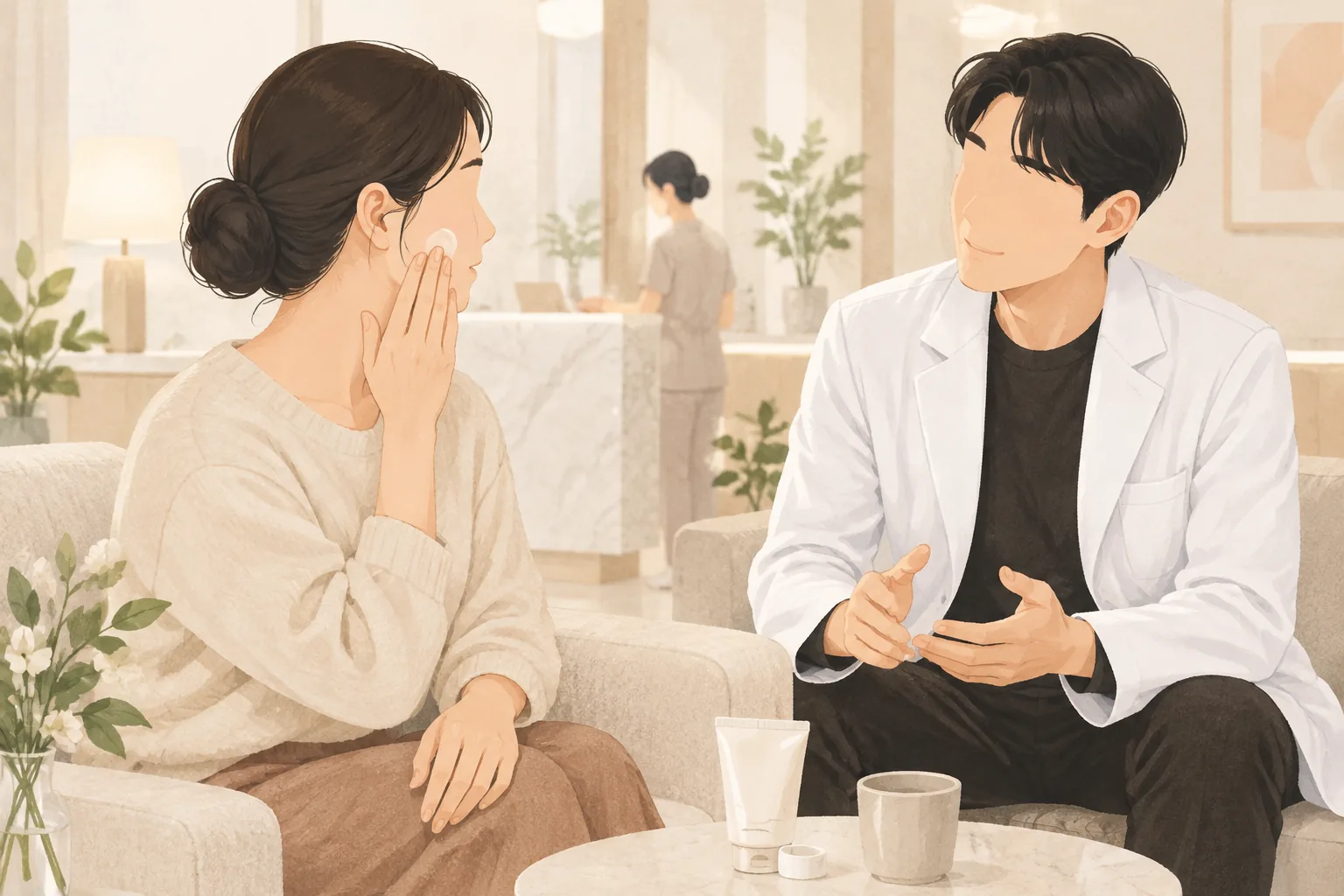 ラウンジで男性医師と女性が座って話している