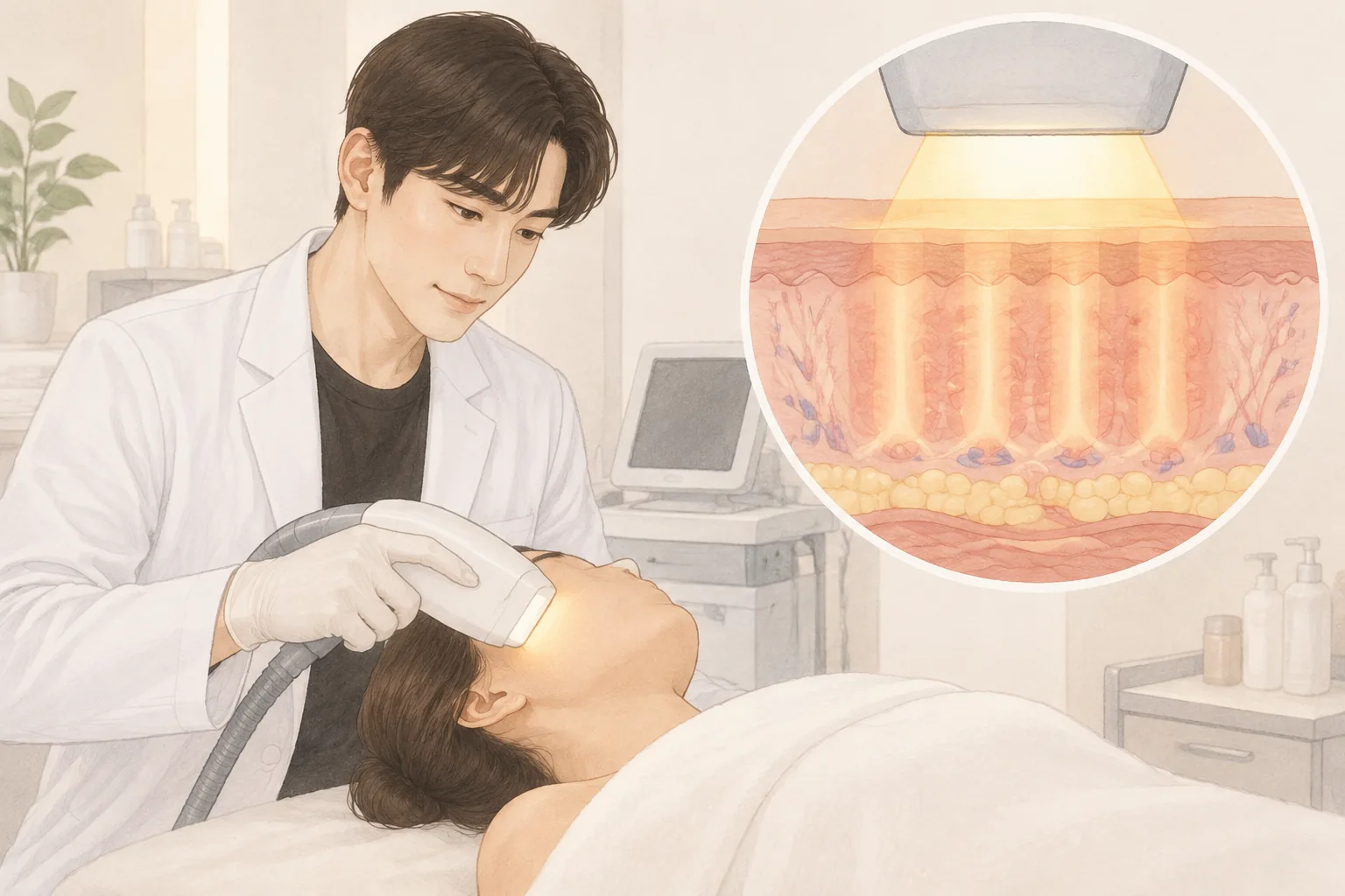 의사가 레이저 기기를 사용해 환자 얼굴에 시술하는 모습과 피부 단면에 열 기둥이 표시된 확대 이미지