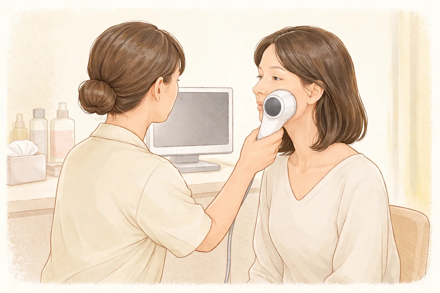 피부 분석 카메라로 여성의 볼을 촬영하는 의료진과 여성
