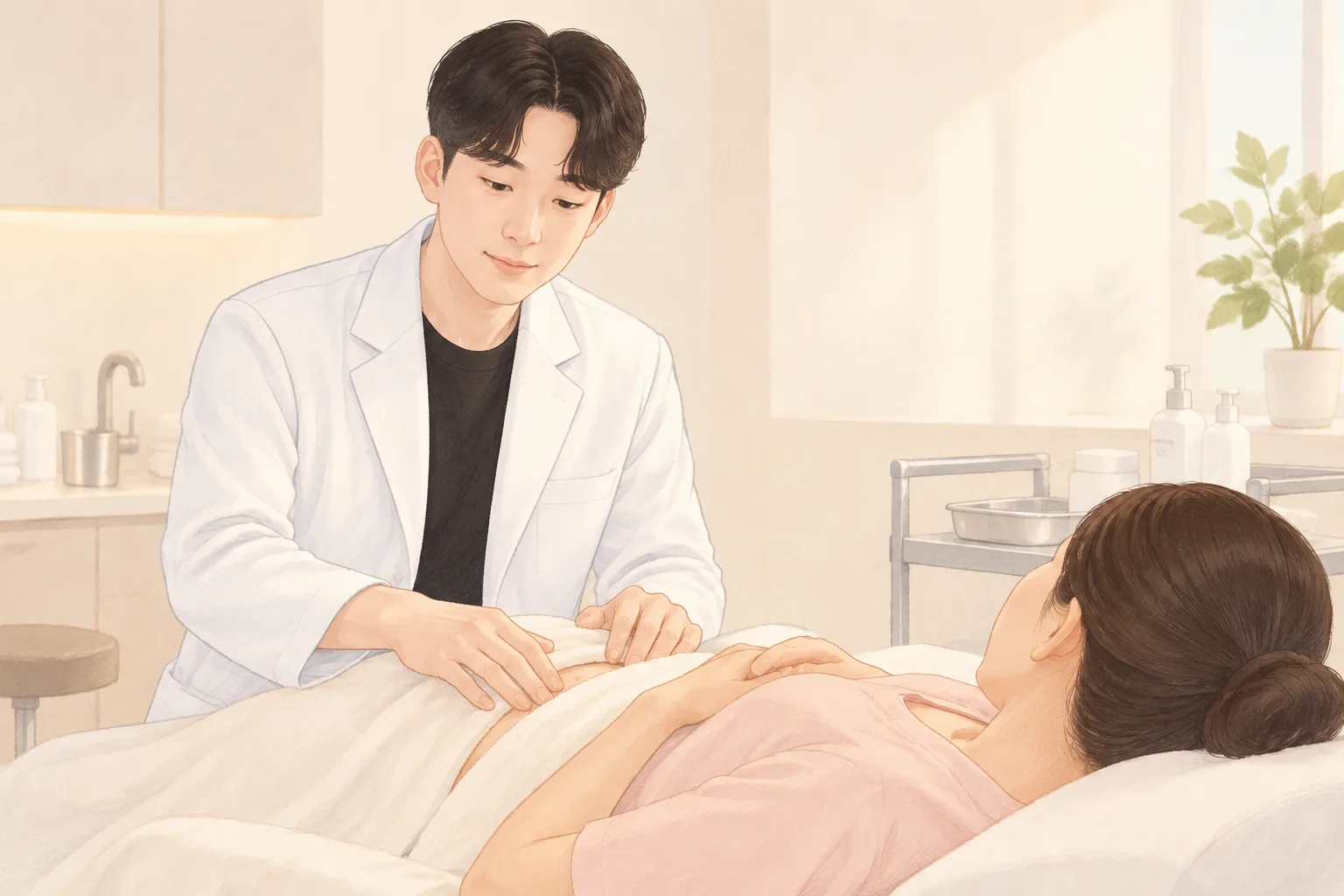 ベッドに横たわる患者の腹部を診る男性医師と患者