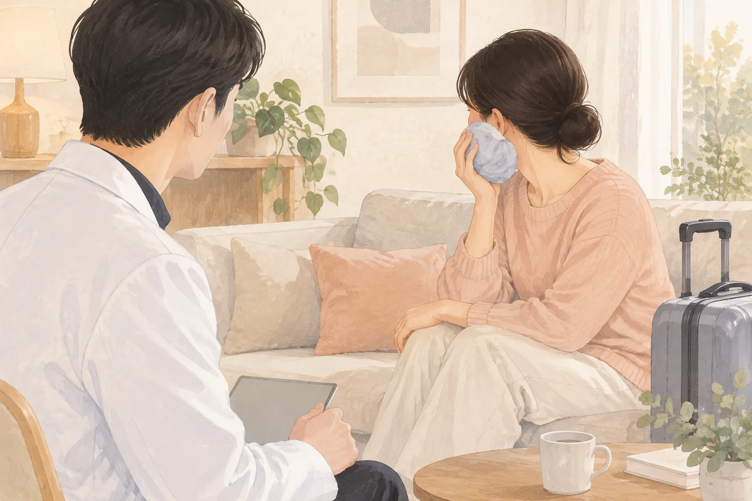 소파에 앉아 천에 싼 아이스팩을 볼에 대고 있는 여성과 옆에 앉아 있는 남성