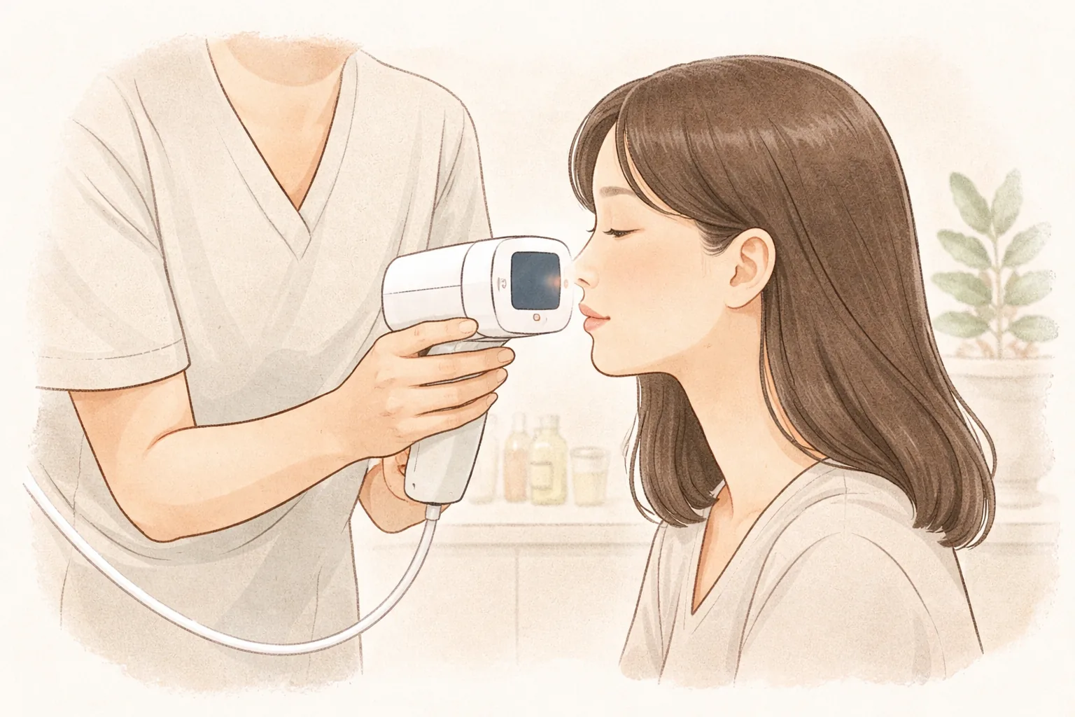 皮膚分析カメラを持つ医療従事者とカメラの前に座る女性