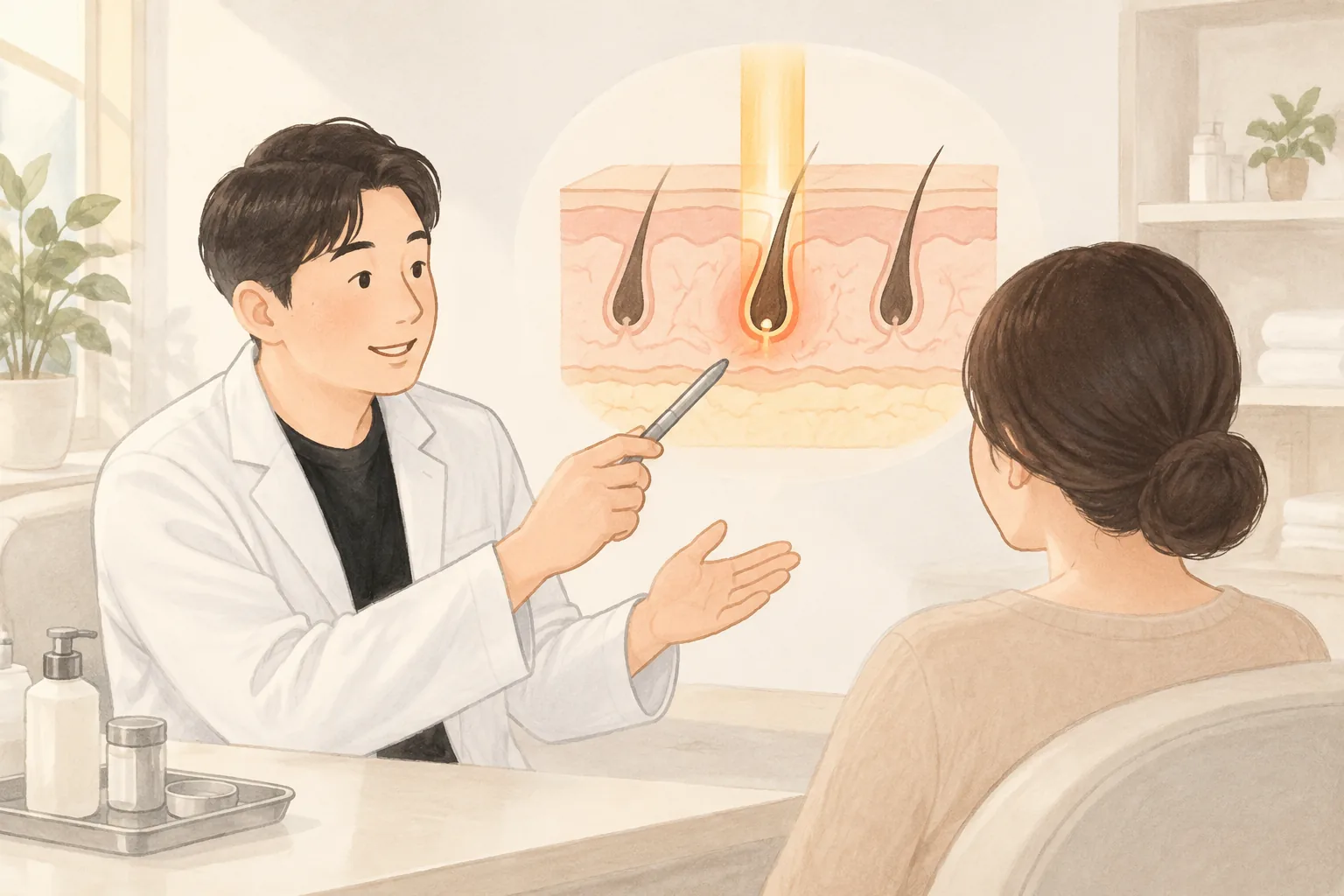 병원에서 의사가 환자에게 피부 단면과 모낭 그림을 설명 중인 모습