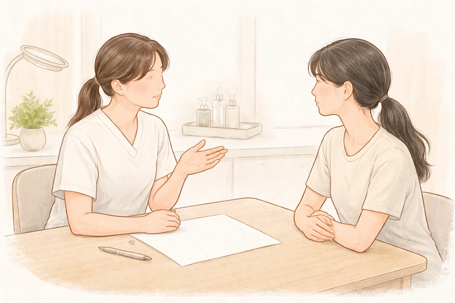 兩位女性坐在桌邊交談,其中一位看起來是醫療人員