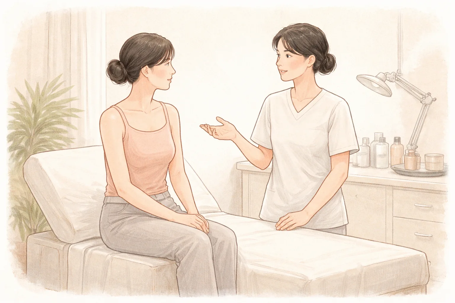 침대에 앉아 이야기를 나누는 두 여성, 한 명은 환자, 한 명은 의료진 복장