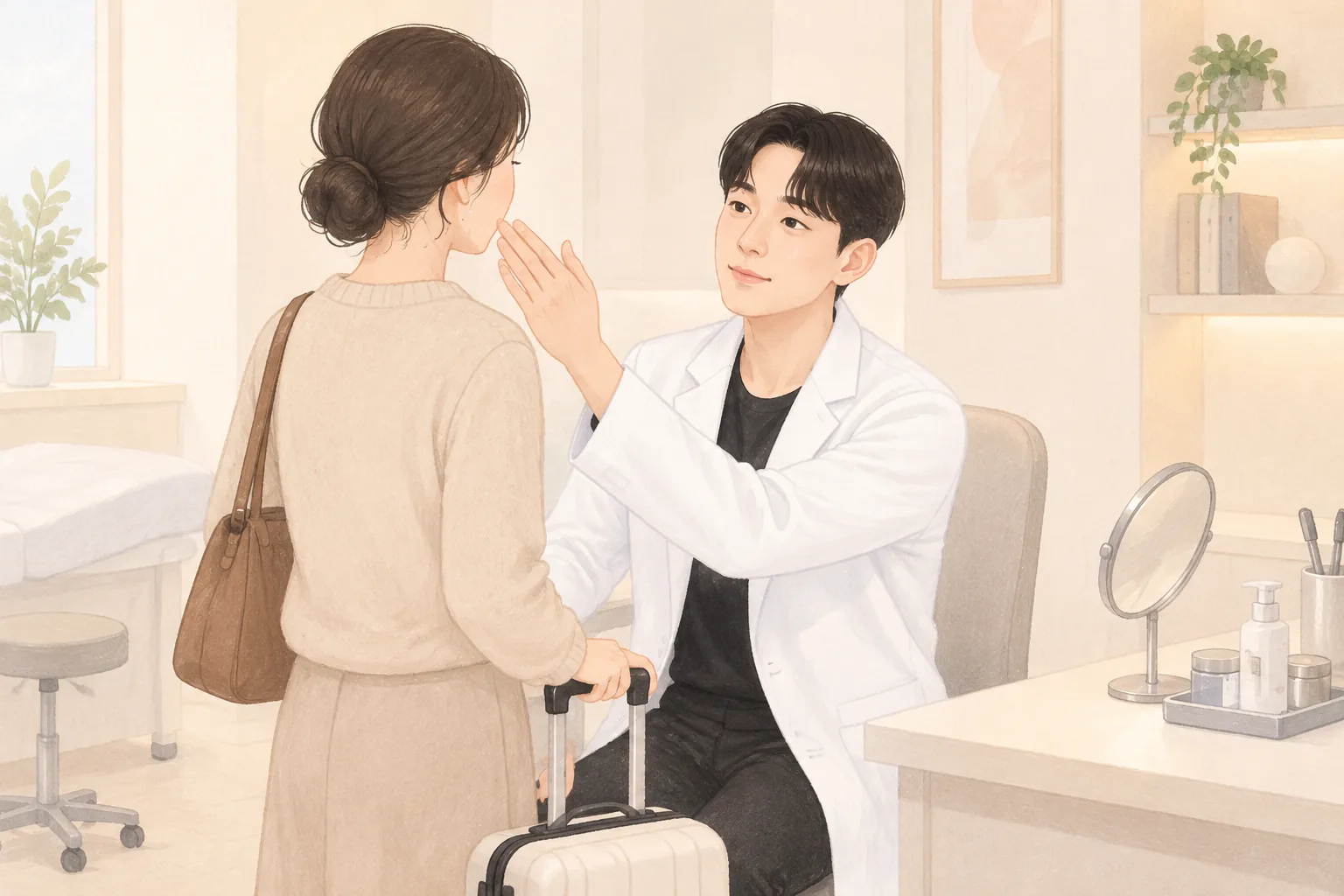 Female patient consulting a doctor beside a travel bag