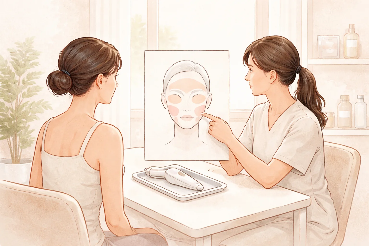 Profesional médico señalando un diagrama facial durante la consulta con una paciente