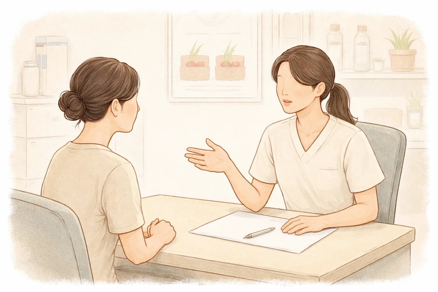 상담 데스크에 앉아 손짓하며 설명하는 의료진과 경청하는 여성