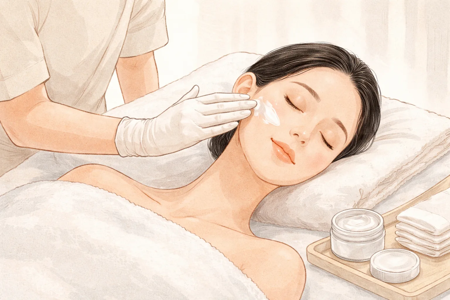 Manos enguantadas aplicando crema hidratante en la mejilla de una mujer recostada con los ojos cerrados
