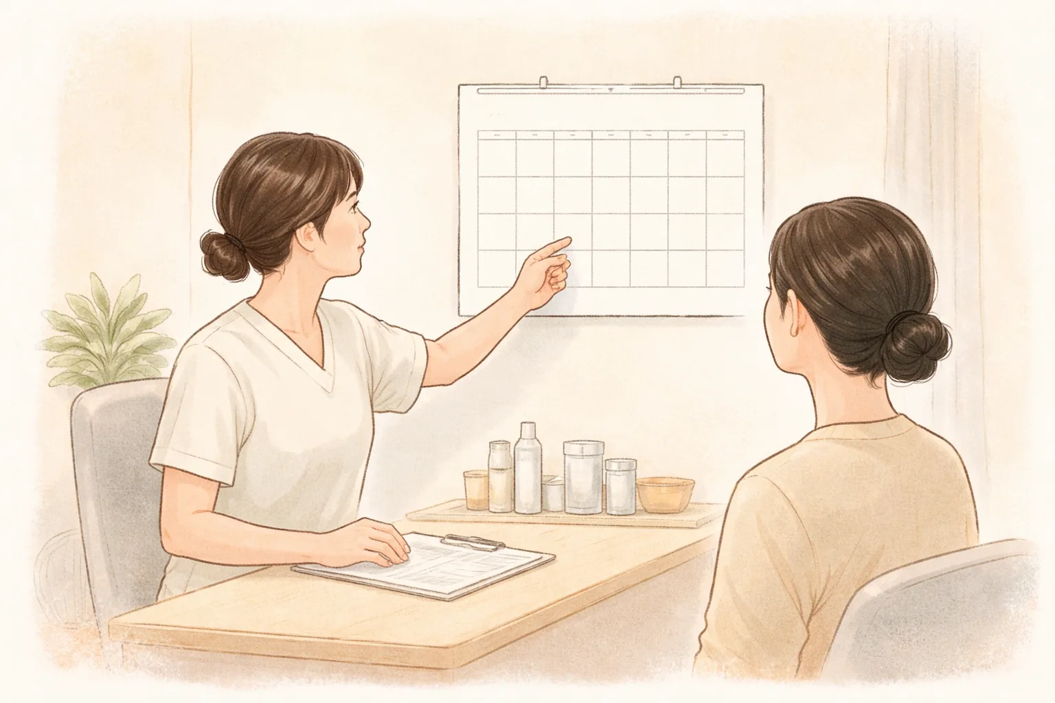 Personal médico y paciente conversando mientras señalan un calendario de pared
