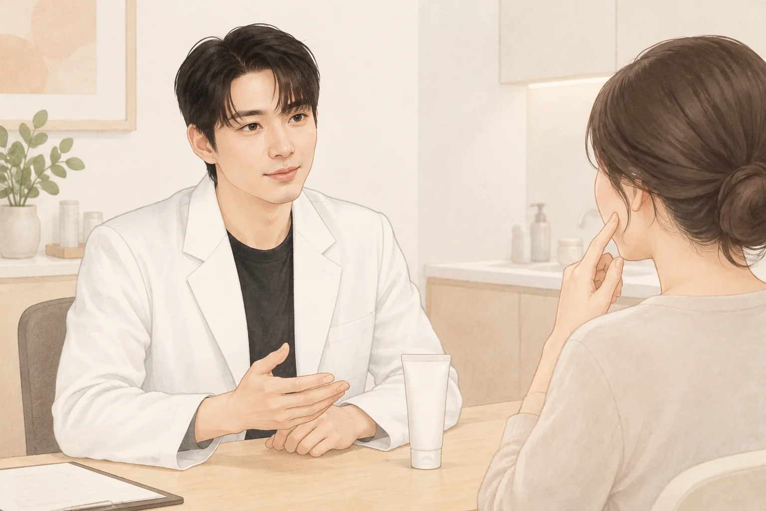 의사와 환자가 마주 앉아 대화 중이며, 의사가 손으로 환자의 볼을 가리킴