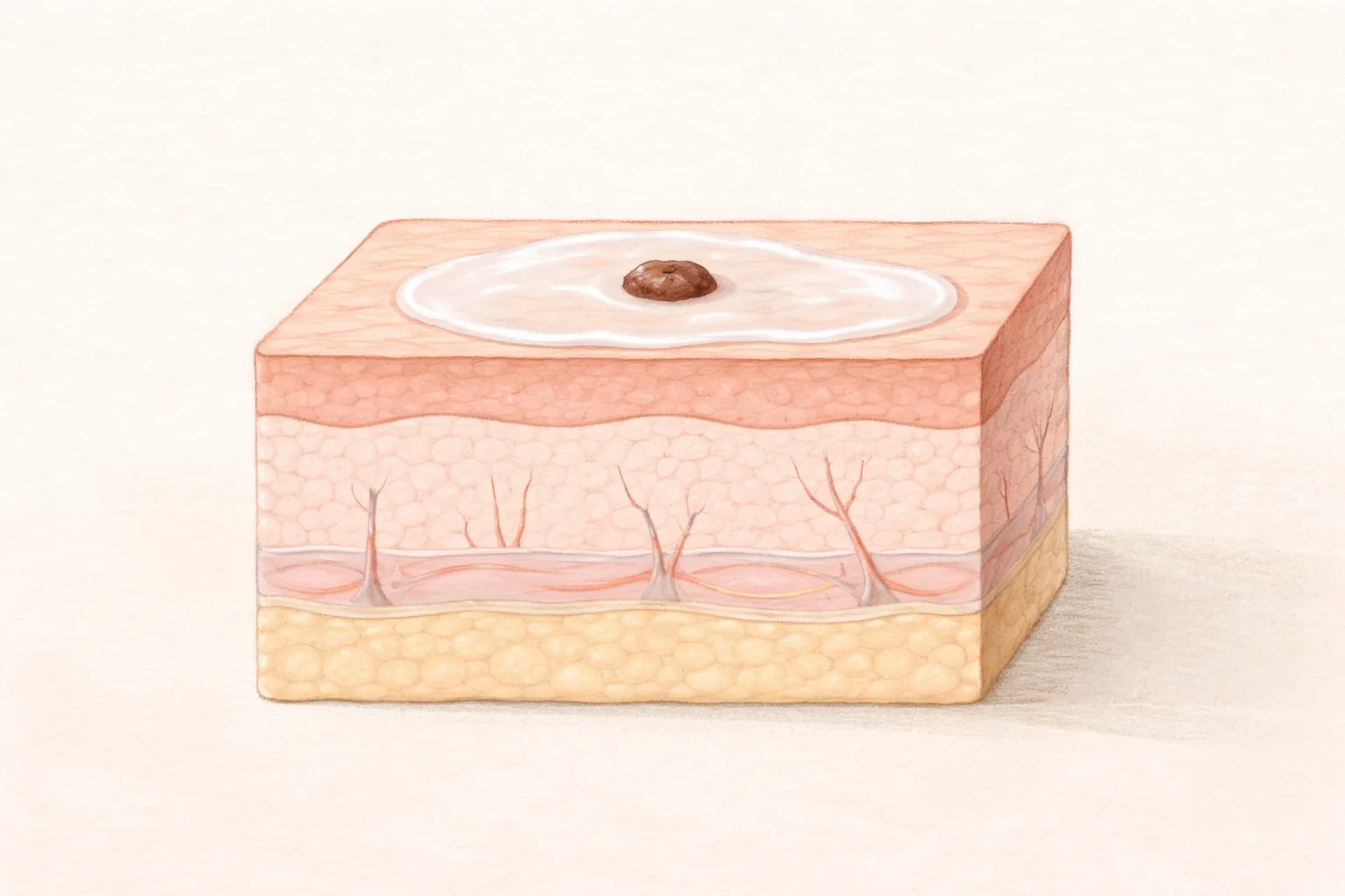 Cross-section of skin showing a mole and a thin layer of cream applied on top