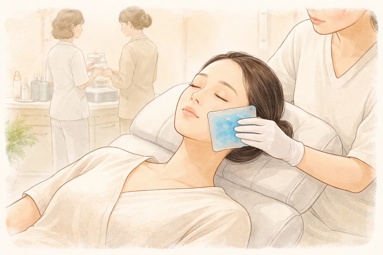 女子躺在療程椅上,臉頰上放著冰涼凝膠墊,背景有兩位女性