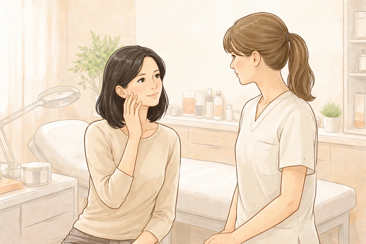 診察室で座ってほおに触れる女性と隣に立つ女性医療スタッフ