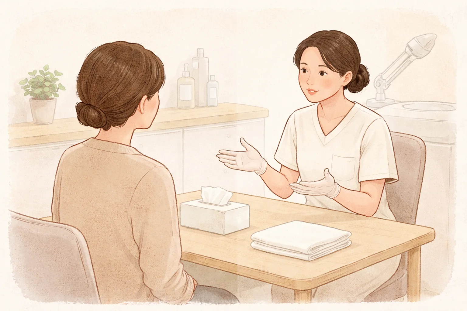 身穿米色刷手服的医护人员隔着桌子向患者边比划边说明