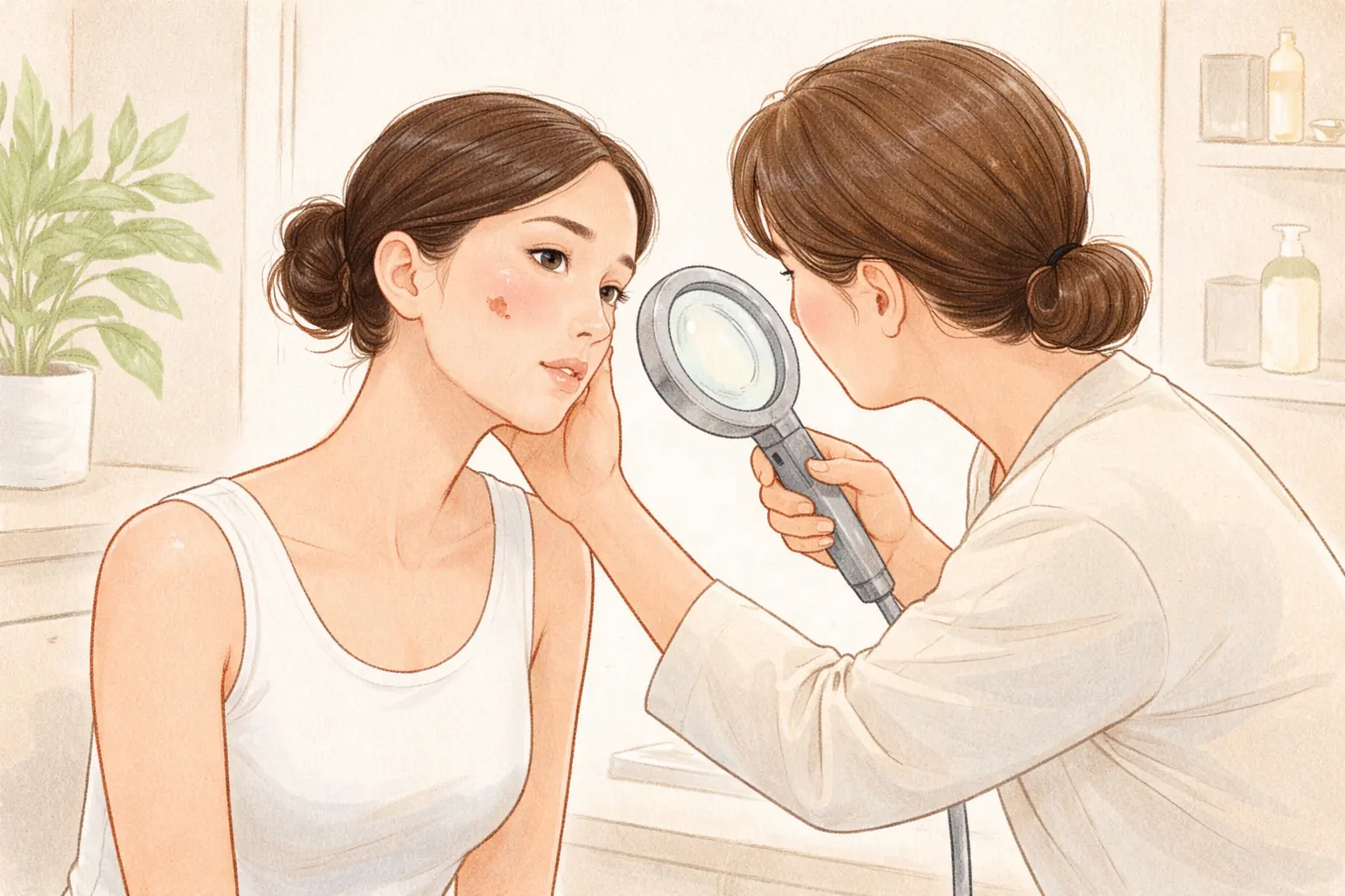 拡大鏡を持って女性の頬を診る医療スタッフと患者