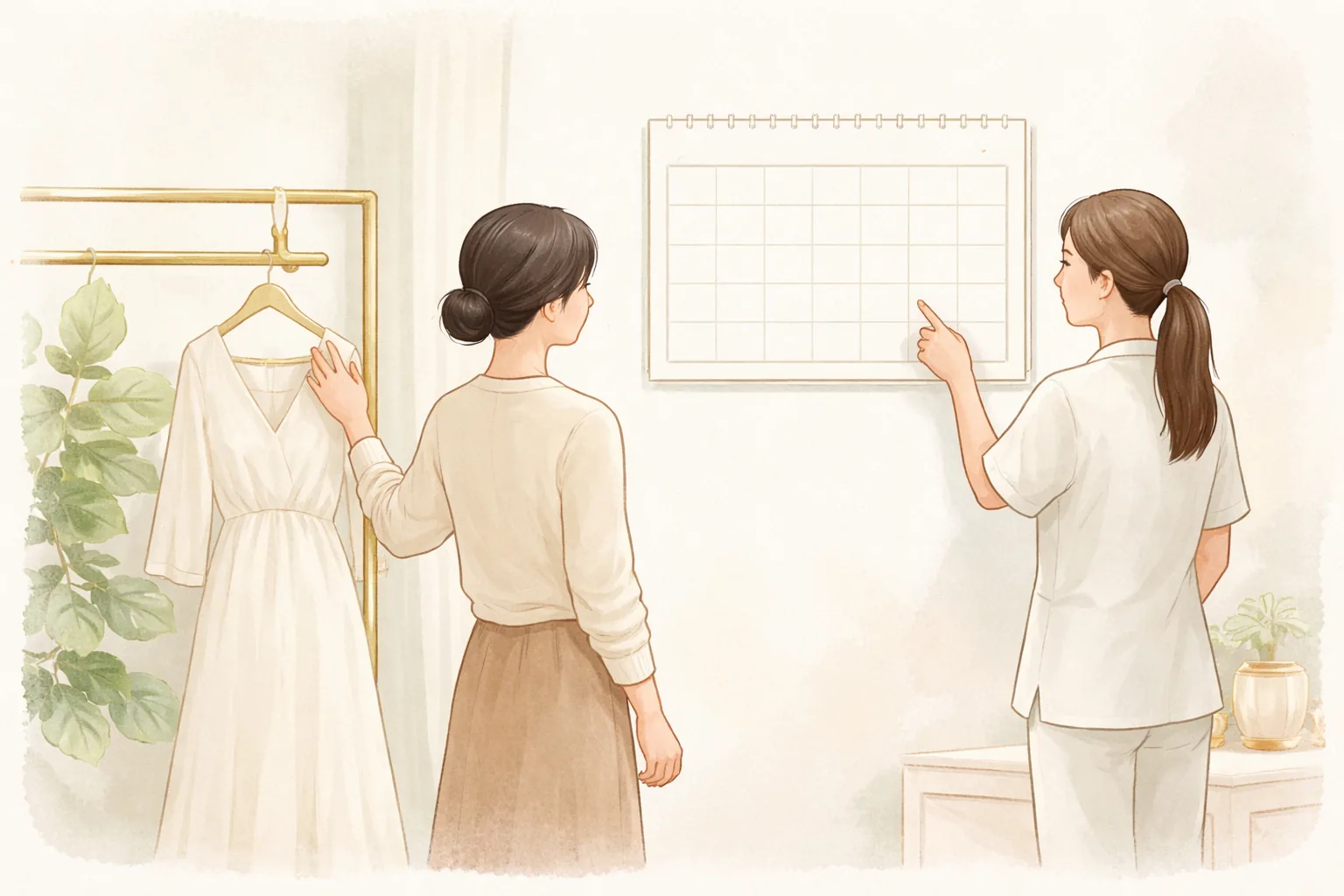 Wanita memeriksa gaun di depan kalender dinding bersama dua staf medis